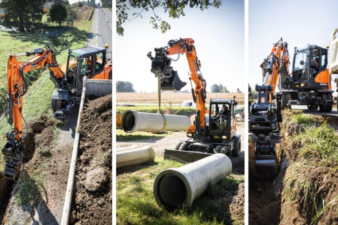 Composite image shows vertical views of the excavator on job tasks of lifting and digging.