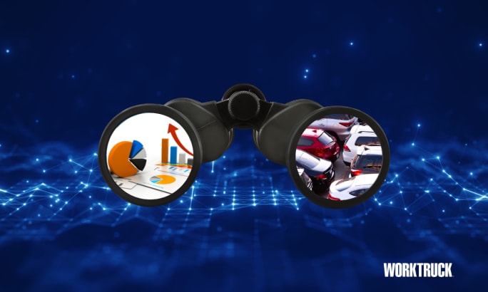binoculars with graphs and vehicles in lenses