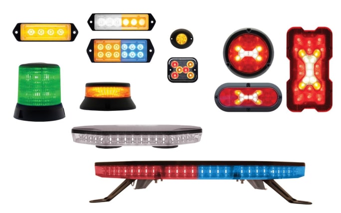 photo of multiple colored truck lights against a white background