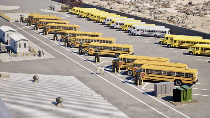A fleet of electric school buses in a yard 