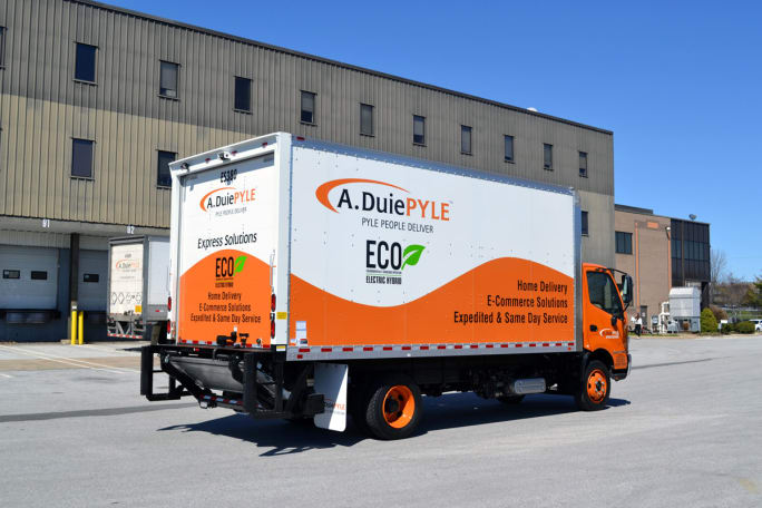 Medium-duty box truck with A. Duie Pyle logo and Eco branding on the side.
