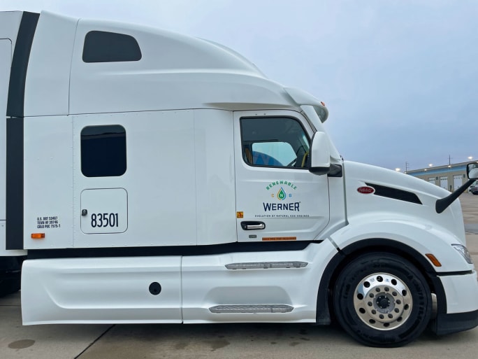 Werner tractor operating on renewable natural gas fuel.