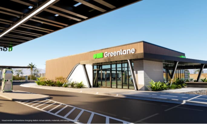 A modern EV charging station rendering showcasing sleek architecture.