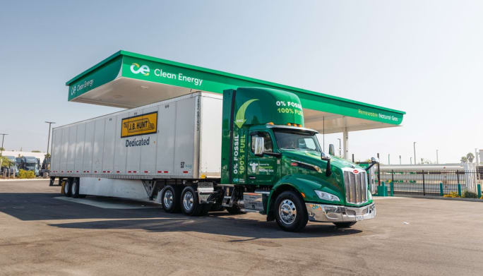 J.B. Hunt truck fueling at Clean Energy renewable natural gas station.