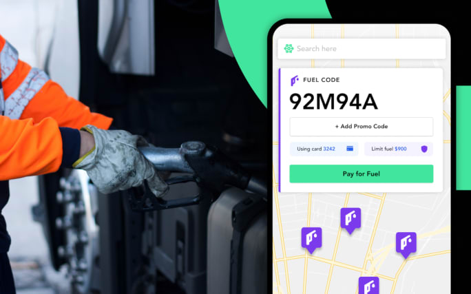 Image of person's hands fueling a truck tank with inset photo of a fueling app