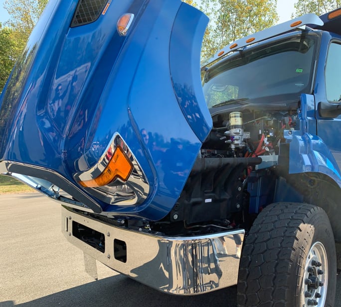 Blue International HV truck with hood open