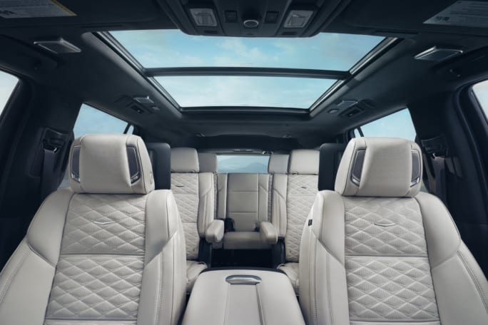 Interior of a 2025 Cadillac Escalade with sun roof. 