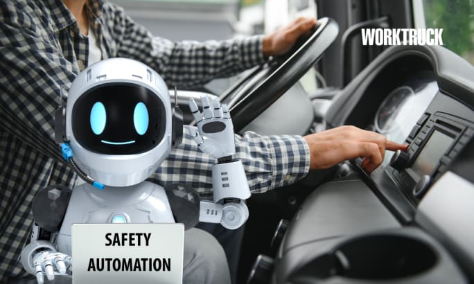 Robot character next to a driver adjusting controls in a commercial truck, representing how AI and automation now support fleet safety and compliance.