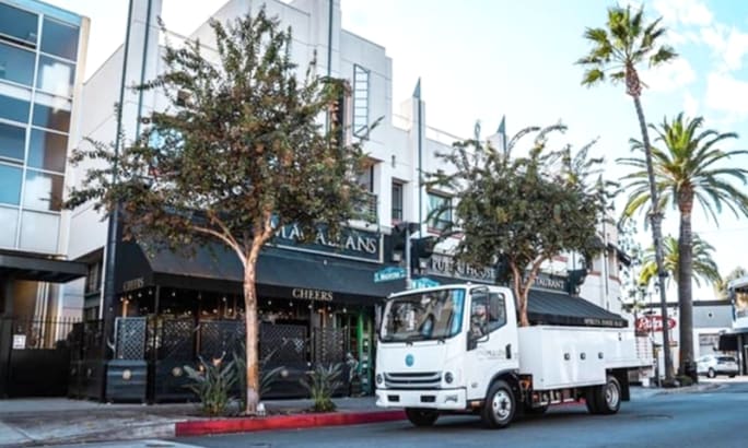 White battery-electric Class 3 service truck parked along a street.