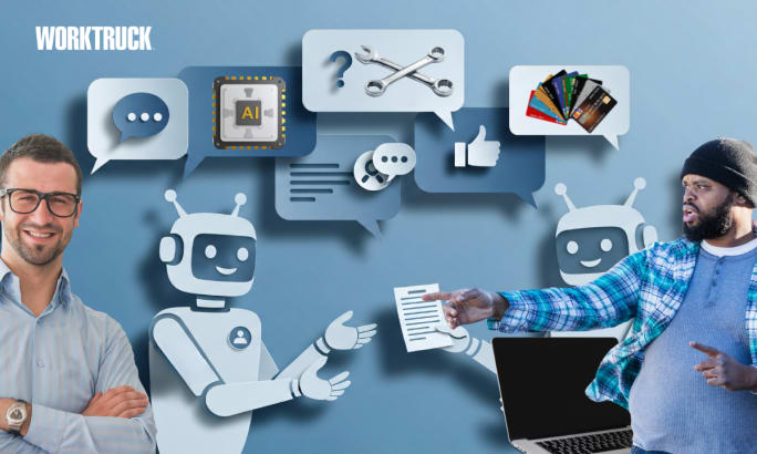 Work Truck illustration showing AI connecting fleet tools: chat bubbles, AI chip, wrenches, dashboards, and robots alongside two people, representing a shift from fragmented apps to integrated platfor