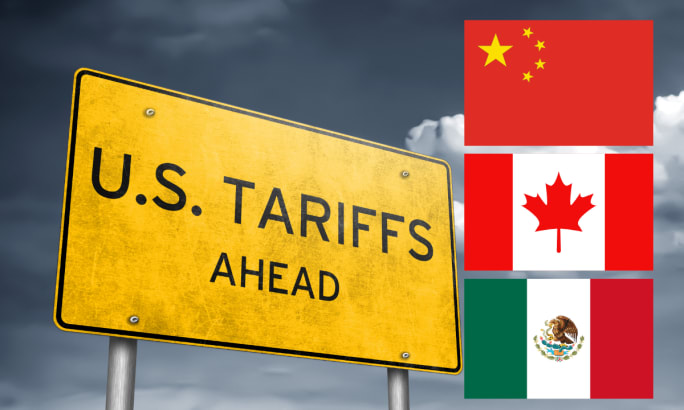 Photo of sign that says U.S. Tariffs Ahead and inset images of country flags for China, Canada, and Mexico.