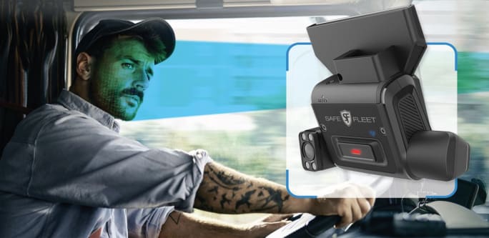 A truck driver with an inset of a Safe Fleet dash cam