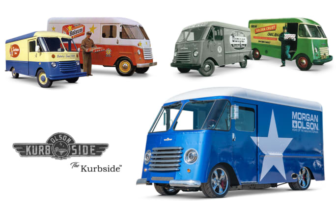 Step van delivery trucks from throughout the years, mostly older.