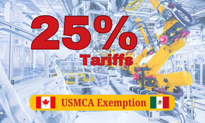 Transparent auto manufacturing assembly line as background image with 20% Tariffs in large red letters in front.