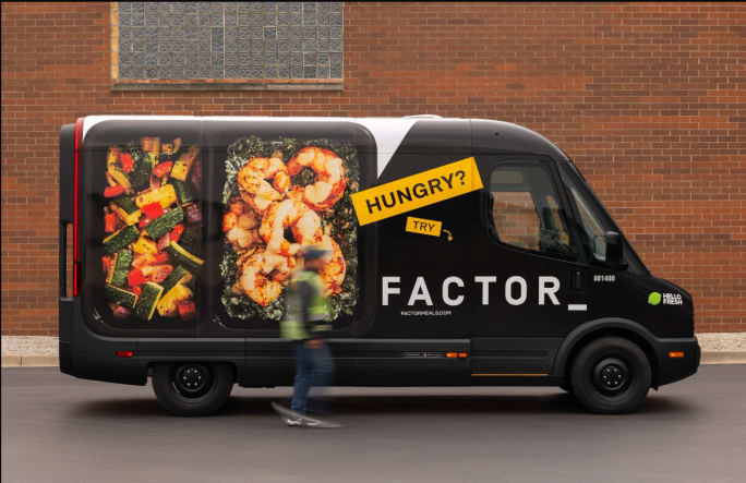 A branded HelloFresh electric delivery van