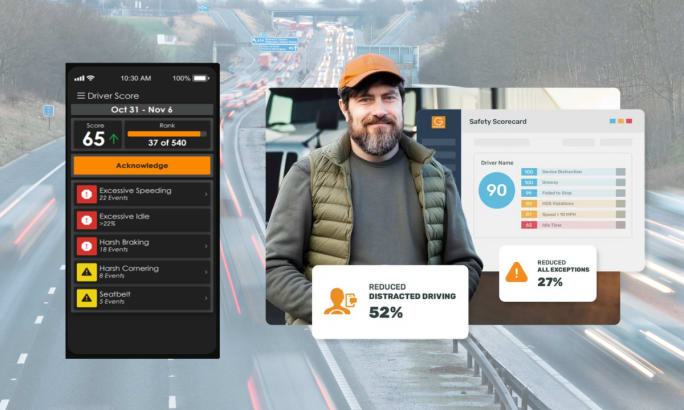 Background faint image of highway traffic inset images of a truck driver surrounded by data and an app that scores the driver.