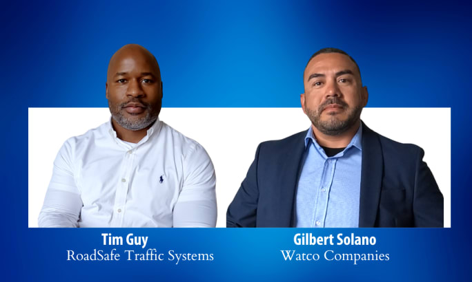 Two businessmen against a blue and white background.