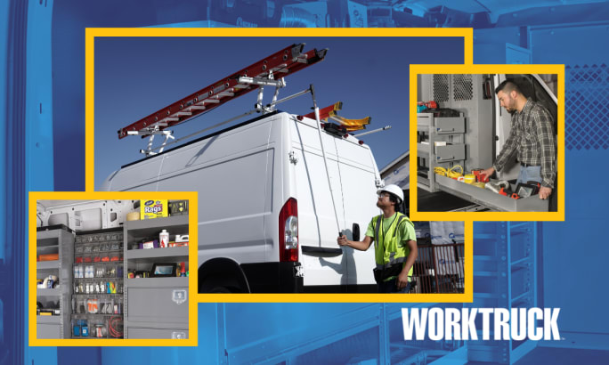 Three images showing work van upfits - interior shelving, ladder rack on top, worker using drawer.