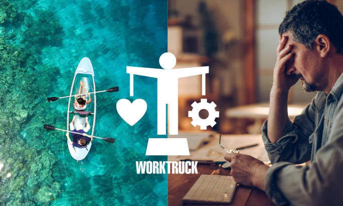 Split-screen image showing two people kayaking in clear blue water on the left and a stressed man at a desk on the right, with a central icon balancing a heart and gear, symbolizing work-life balance.