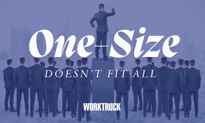 Businessman standing on a pedestal facing a crowd of identical suited figures, symbolizing individual leadership approaches, with large text 'One-Size Doesn’t Fit All' and 'Work Truck' branding.