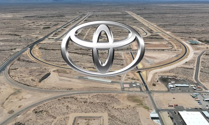 Toyota’s Arizona Proving Grounds with test tracks, roadways, and support facilities in a desert landscape.