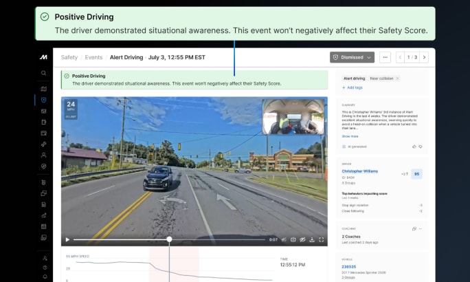 Dashboard footage showing a vehicle swerving to avoid a head-on collision at an intersection, flagged as a positive driving event.