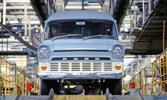 A 1965 Ford Transit rolls off the production line in the UK, marking the early beginnings of the world’s best-selling commercial van.