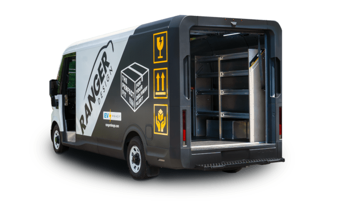 Rear-quarter view of a Chevrolet BrightDrop electric cargo van.