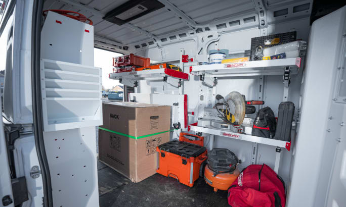Interior view of van shelving.