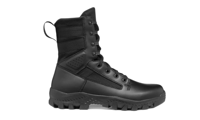 Black tactical combat boot with rugged sole and lace-up design