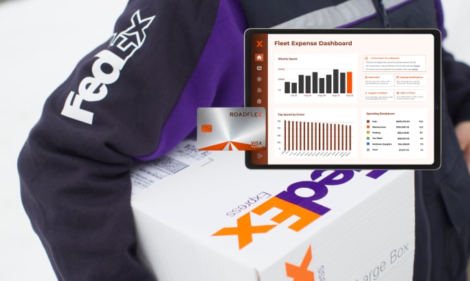 FedEx driver holding package with RoadFlex fleet expense dashboard displayed on tablet, highlighting fuel, maintenance, and driver costs.