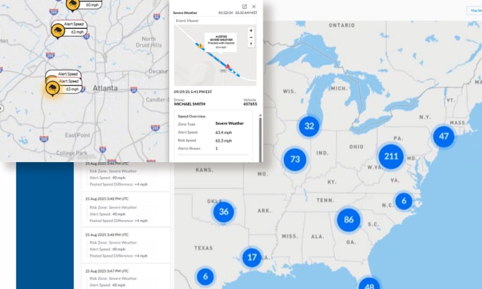 Close-up of Drivewyze Safety+ dashboard with severe weather alerts near Atlanta and U.S. event clusters, providing fleets with safety risk and driver performance insights.