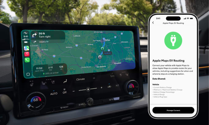 Dashboard display showing Apple Maps EV Routing on a Toyota infotainment screen and iPhone interface with charging route details.