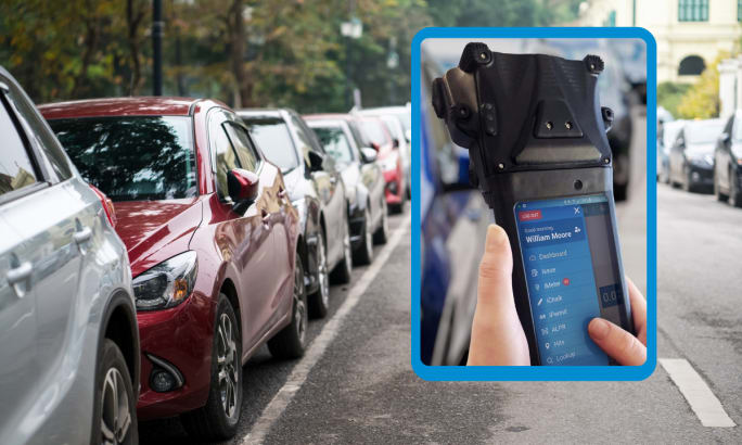 background image of parked cars and inset image of a handheld device used to electronically issue parking tickets.