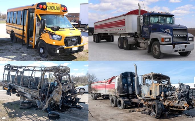 A collage of four images showing the before and after of the crash vehicles' fire damage.