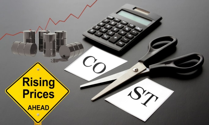 Scissors cutting the word “COST” near a calculator, oil barrels, and a “Rising Prices Ahead” sign, representing fleet budgeting pressure and rising operating expenses.