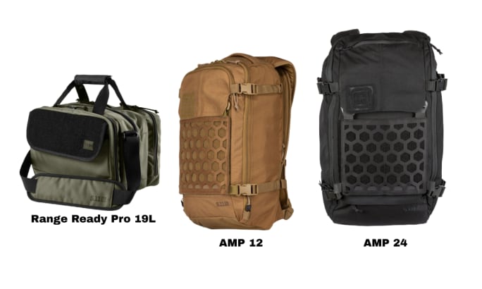 One range back and two backpacks on a white background