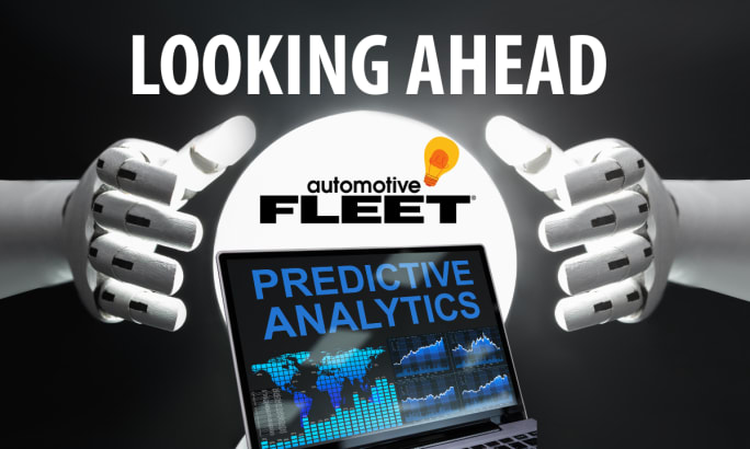 Looking ahead at fleet predictive analytics, showing robotic hands framing a laptop with data charts, representing data-driven decision-making in fleet management.