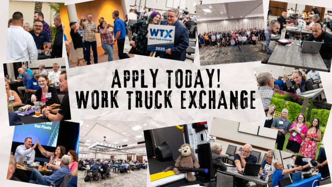 Collage of Work Truck Exchange attendees networking, meeting one-on-one, and participating in group sessions at a fleet-focused industry event.