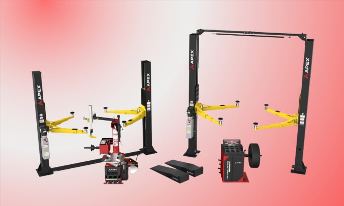 APEX two-post lifts paired with tire and wheel service equipment in a studio layout.