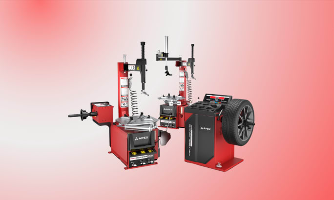 APEX tire changers and wheel balancers displayed together, showing wheel service equipment designed for shop use.