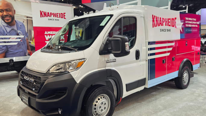 Ram ProMaster service van with Knapheide upfit on display at Work Truck Week 2026 trade show highlighting customized work truck solutions.