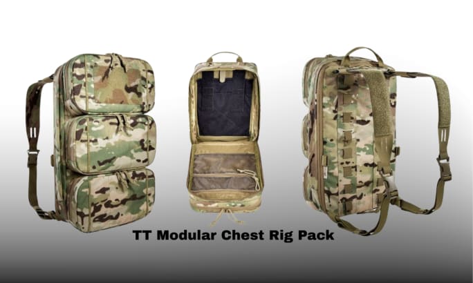 Three images of a pack for a chest rig