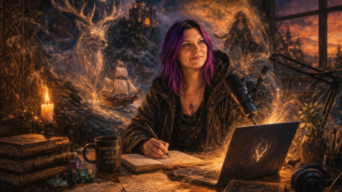 Digital painting of a modern storyteller with purple hair working at a desk with a laptop and microphone, surrounded by glowing, mystical imagery including a stag, castle, and ship.