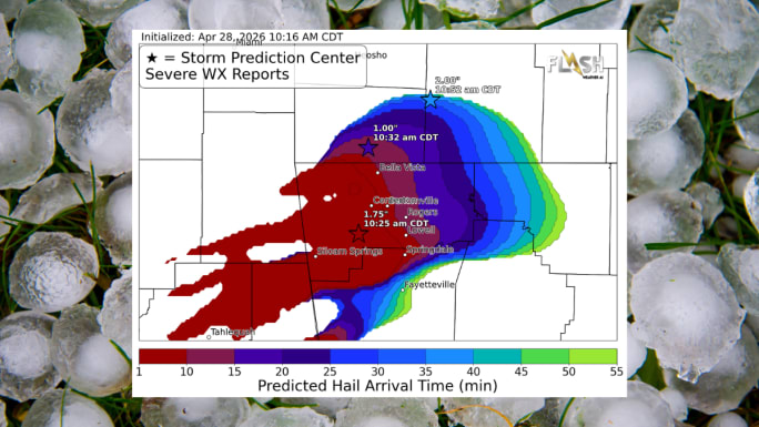 Storm prediction map showing projected hail arrival times over a hailstone background in northwest Arkansas.