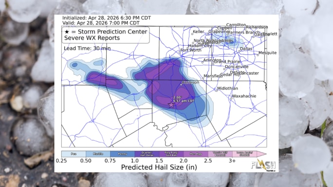 Weather map showing predicted hail sizes across the Dallas-Fort Worth area over a background of large hailstones.