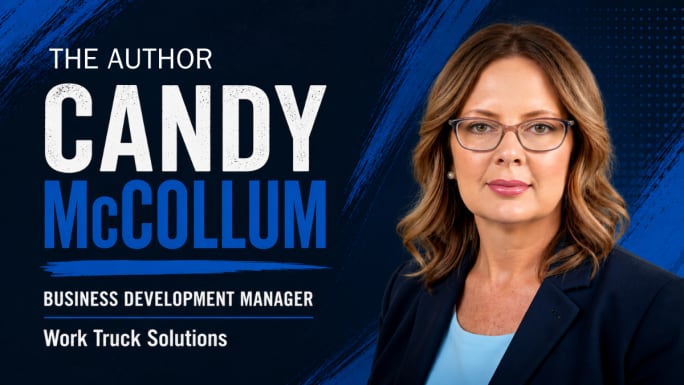 Professional headshot graphic of Candy McCollum, Business Development Manager at Work Truck Solutions, on a blue branded background with her name and title displayed in bold text.