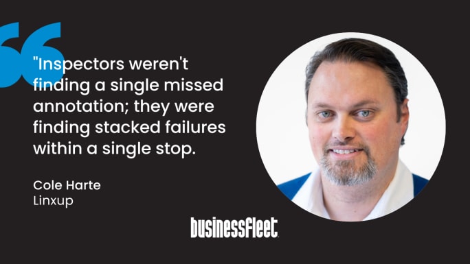 Portrait of Cole Harte, ELD Product Lead at Linxup, alongside a quote explaining that inspectors frequently uncover multiple compliance failures during a single roadside stop.