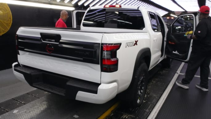 A white Nissan Frontier PRO-X pickup undergoes final inspection on the production line at Nissan's Canton, Mississippi, assembly plant.