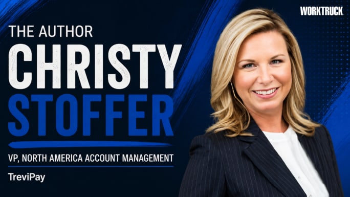 Graphic featuring a professional headshot of Christy Stoffer, VP of North America Account Management at TreviPay, smiling while wearing a dark pinstripe blazer and white blouse. The design includes a dark blue textured background with bold white and blue text displaying her name, title, and company.